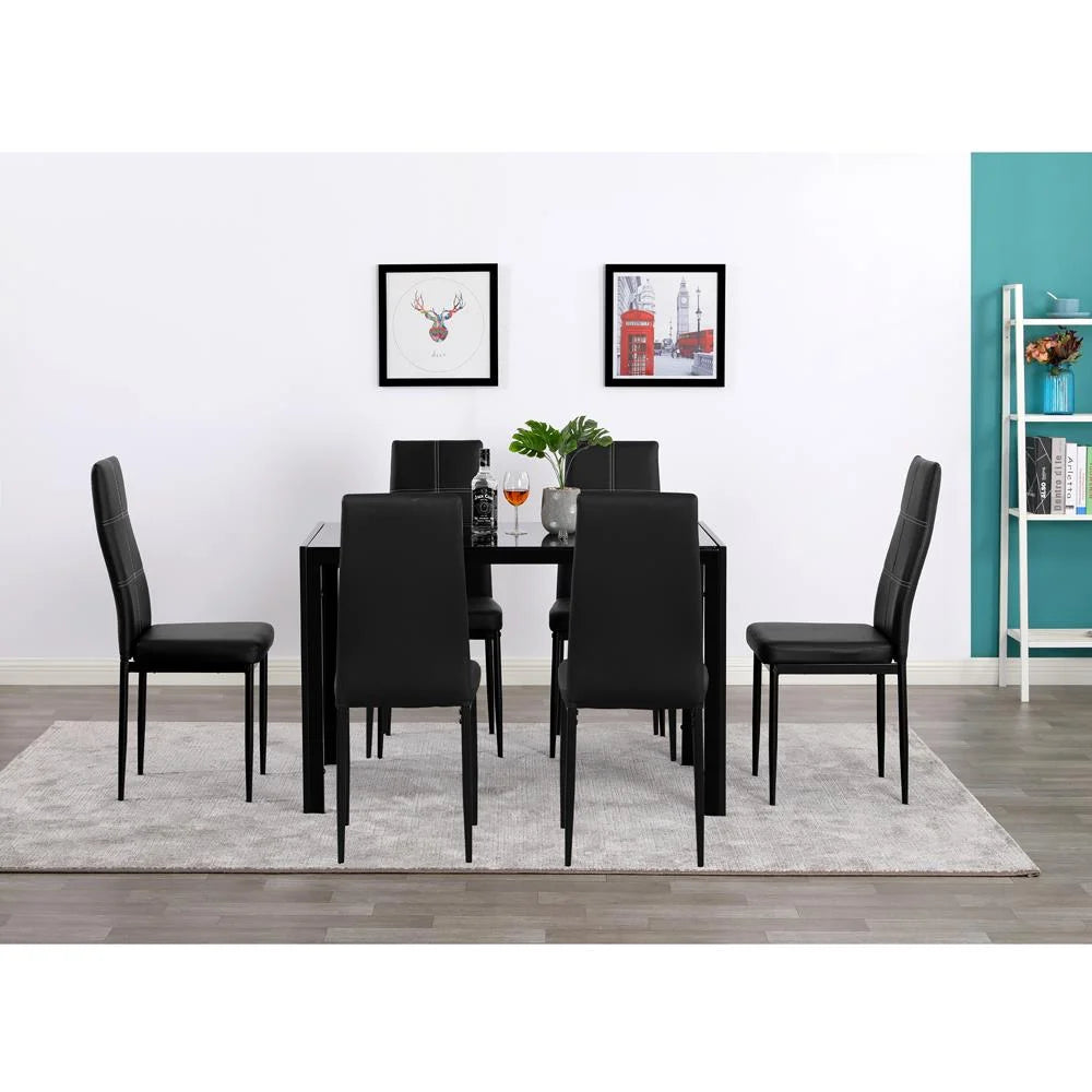 7 Pcs Glass Dining Table Set with 6 Chairs, Black R6536