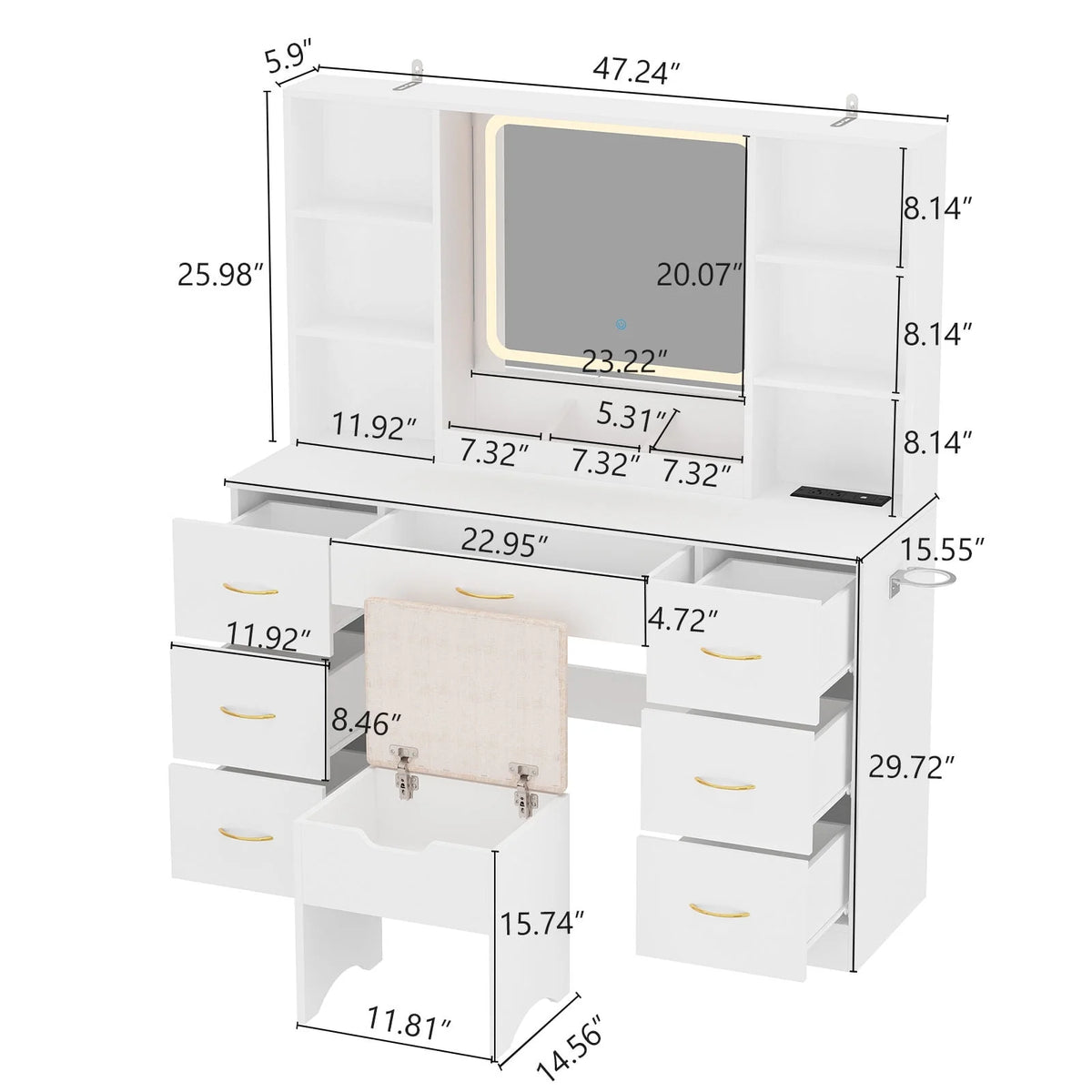 White 7 Drawer Vanity Desk with Lighted Mirror and Storage Stool V568