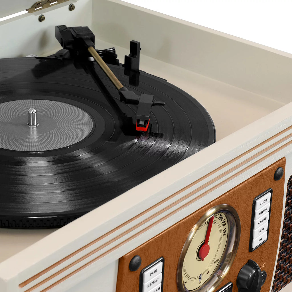 Wood 8-in-1 Bluetooth Record Player with USB Encoding and 3-speed Turntable - White C605070