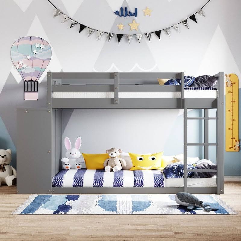 Gray Twin Over Twin Bunk Bed with 4 Drawers & 3 Shelves & Ladder X222707