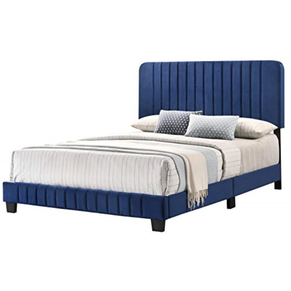 Navy Blue Velvet Upholstered Queen Bed J4816