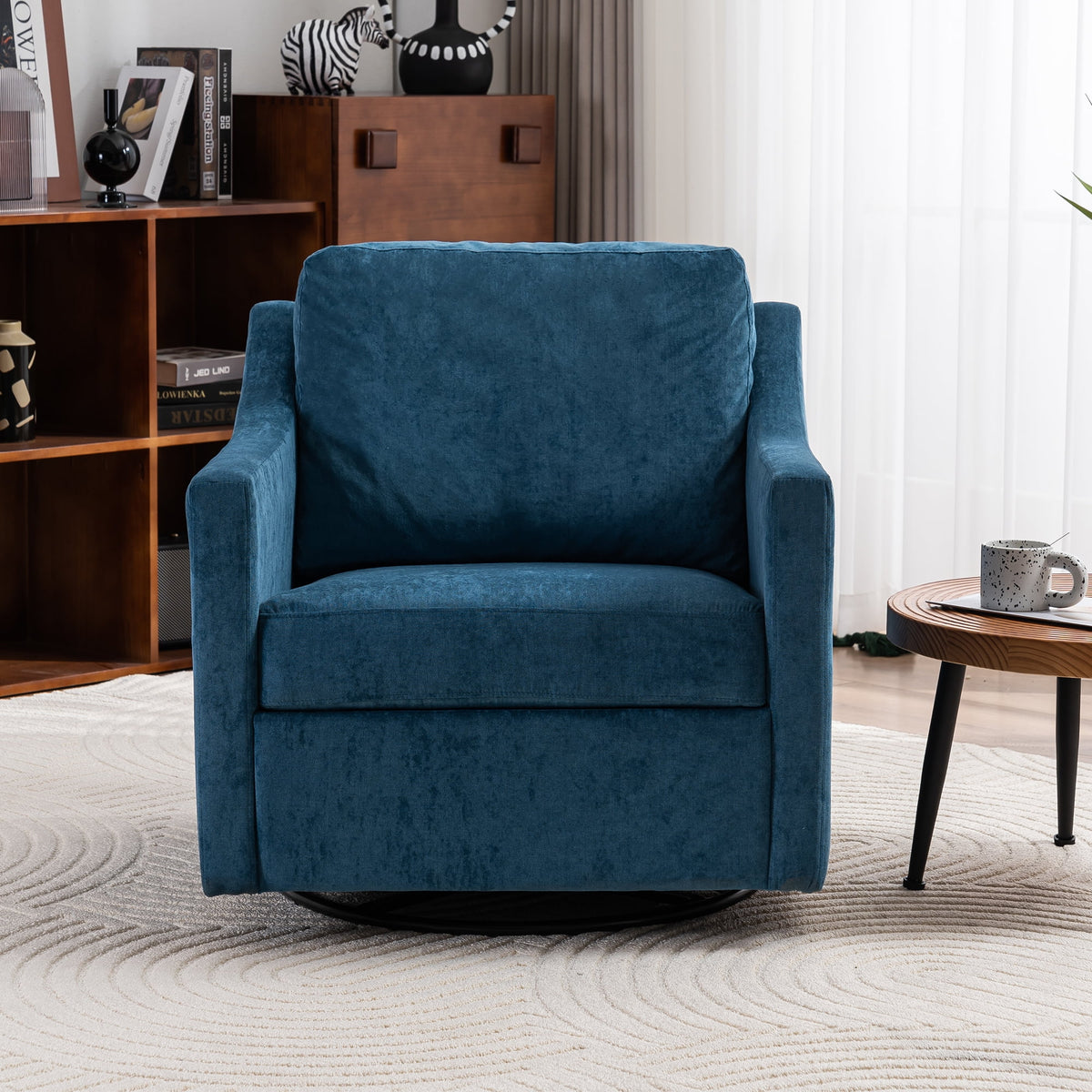 Navy Blue Linen Fabric Swivel Accent Chair E592153